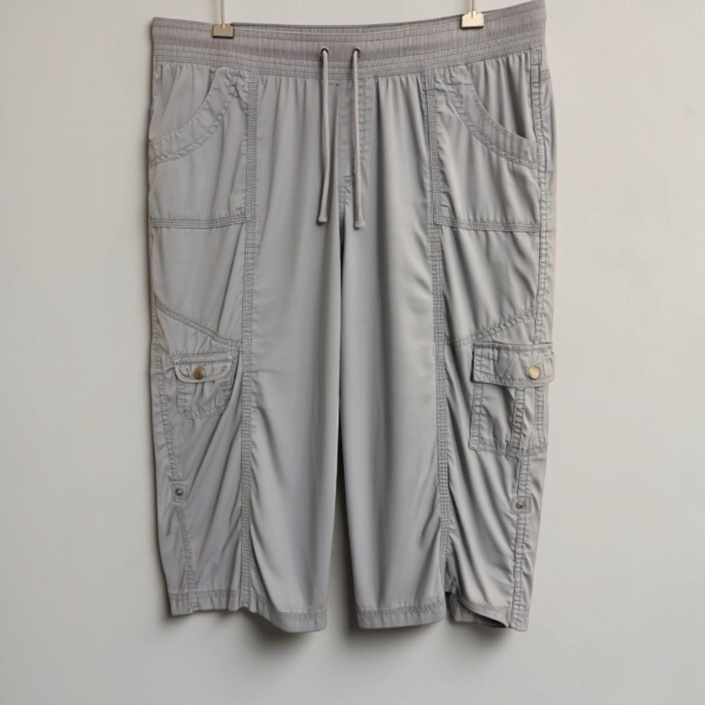 Style & Co Sport Blue Grey Cargo Capri Pants 12 Drawstring Waist Roll Tab Hem
